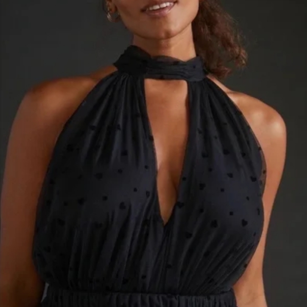 Anthropologie Black Heart-Print Halter Bodysuit